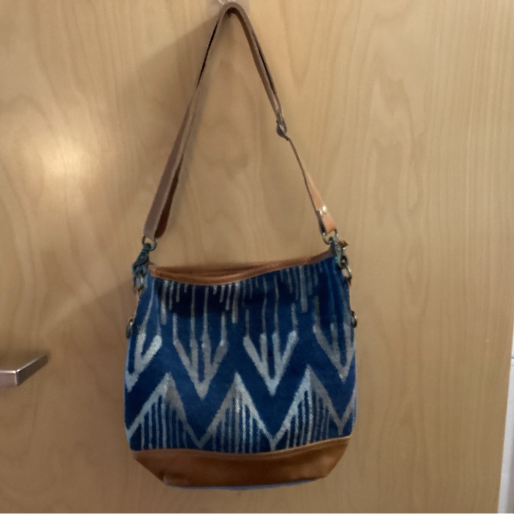 Myra Bag Blue and Tan Chevron Shoulder Bag